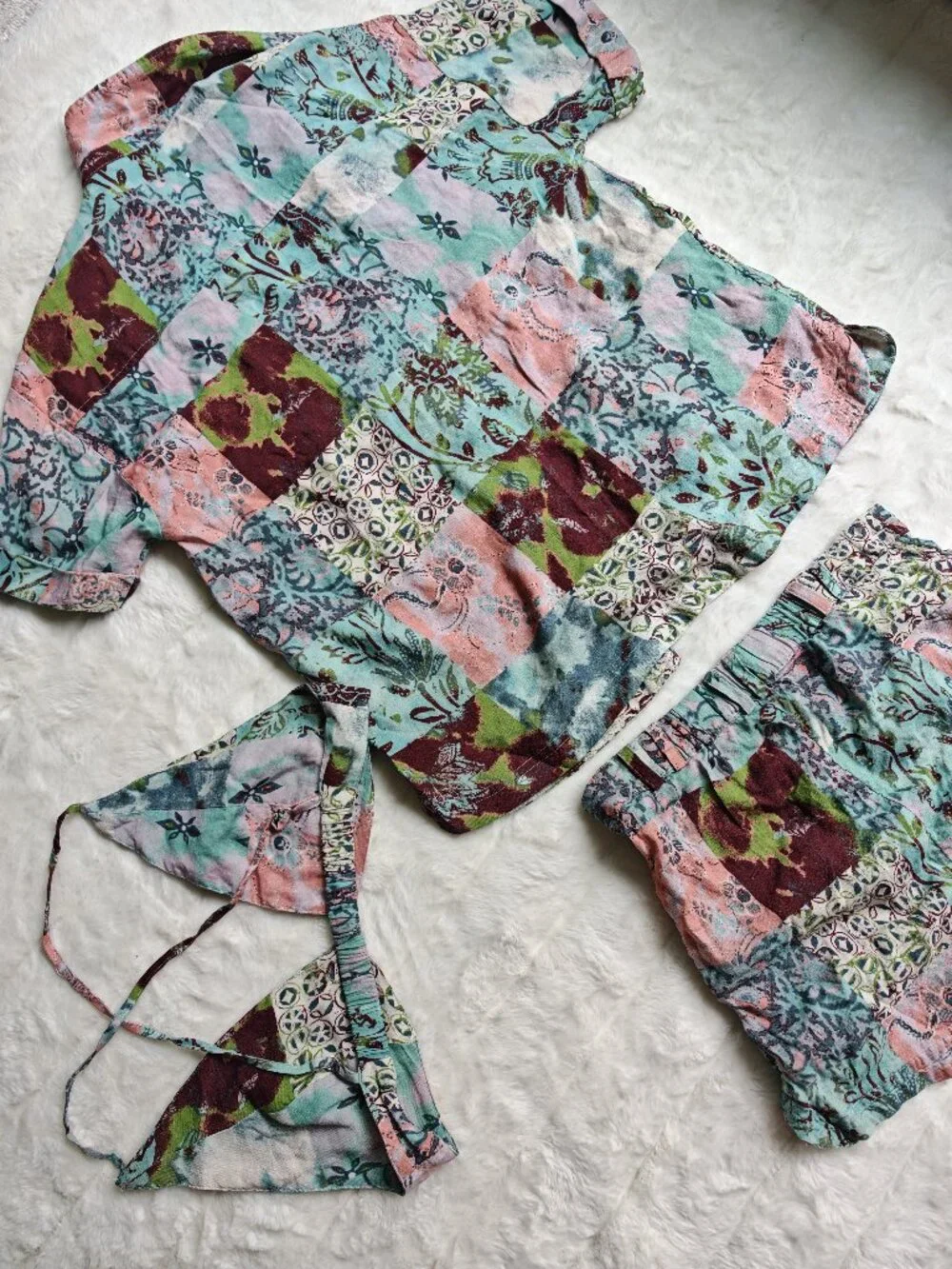 Free People 3 Piece Patchwork Linen Blend Set S Boho Kimono Shorts Bralette Fest